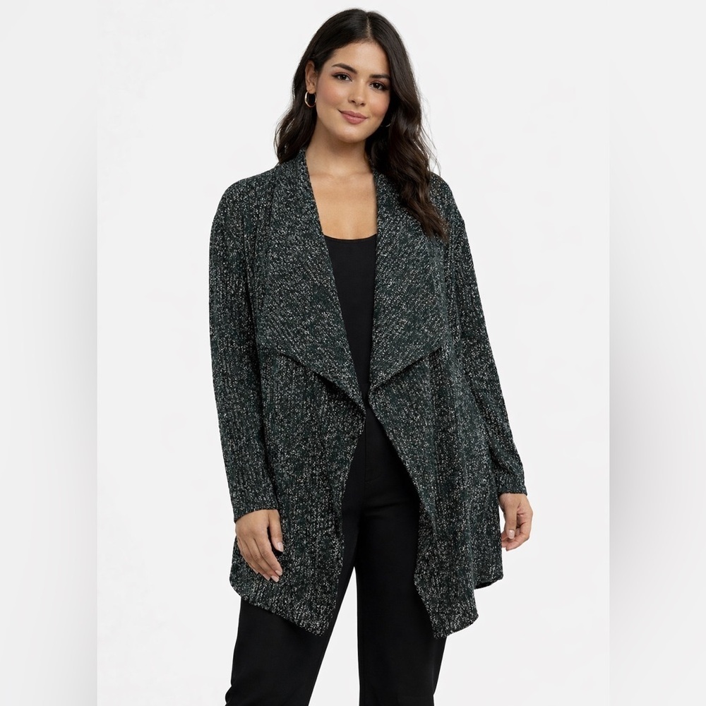 Chico’s Travelers sz L dark green/black/white crinkle open front cardigan